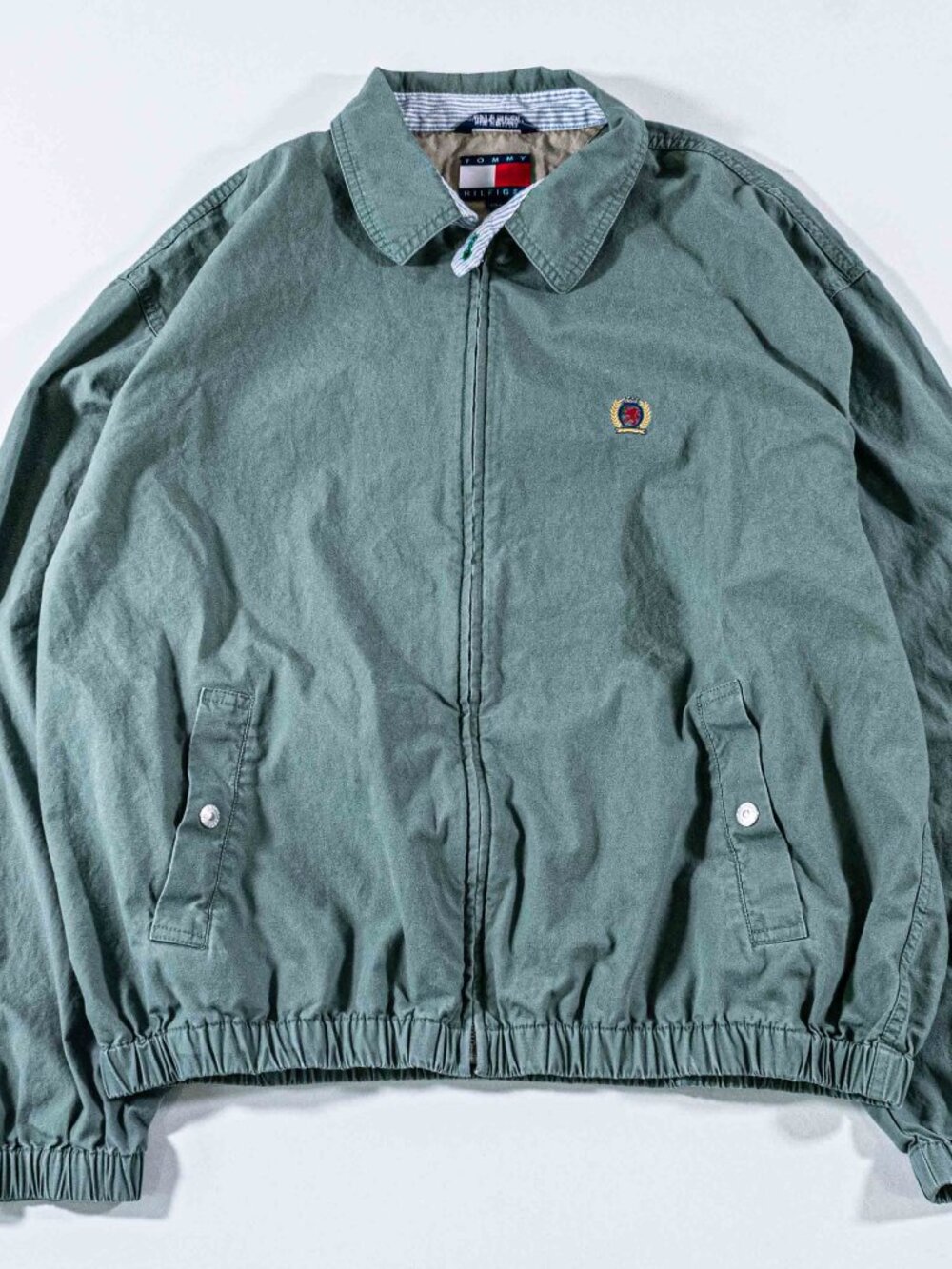 Vintage 90s Tommy Hilfiger Crest Bomber Jacket Large Sun Faded Green